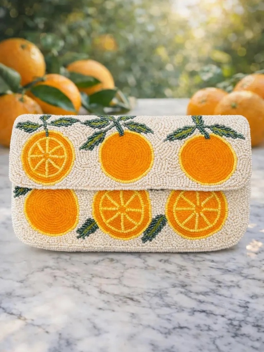 Beaded Citrus Clutch Bag in Yellow and Cream